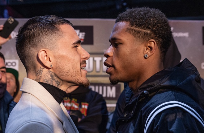 Kambosos Jr and Haney came face-to-face ahead of their undisputed lightweight title clash Photo Credit: Darren Burns