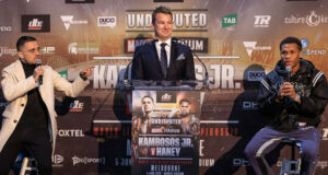 George Kambosos Jr and Devin Haney traded words at the first press conference in Melbourne on Sunday night Photo Credit: Darren Burns