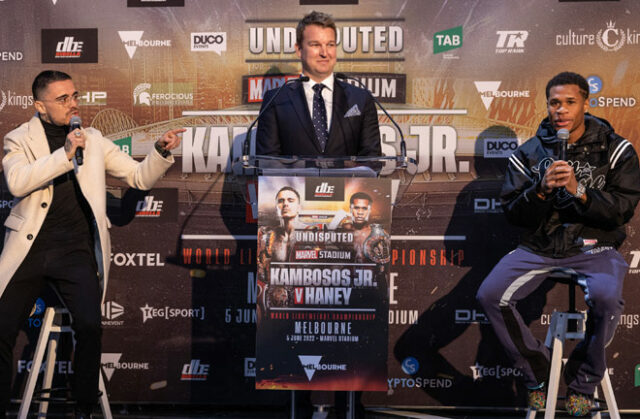 George Kambosos Jr and Devin Haney traded words at the first press conference in Melbourne on Sunday night Photo Credit: Darren Burns