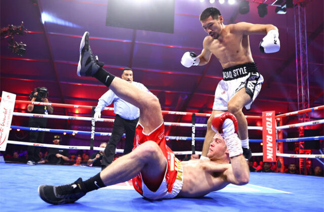 Janibek Alimkhanuly ruthlessly knocked out Danny Dignum in two rounds in Las Vegas on Saturday Photo Credit: Mikey Williams / Top Rank via Getty Images