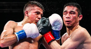 Jesse Bam Rodriguez stops Srisaket Sor Rungvisai in the eighth round to retain his WBC World Title in his home town. Photo Credit: Ed Mulholland / Matchroom Boxing.