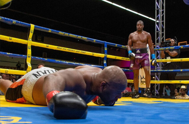 Daniel Dubois demolished Trevor Bryan in the fourth round to take the WBA world heavyweight title over in Miami. Photo Credit: Frank Warren.