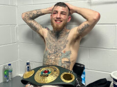 Sam Eggington with his IBO super welterweight title after going the distance against Przemyslaw Zysk. Photo Credit: Steve Bunce - @bigdaddybunce Twitter.