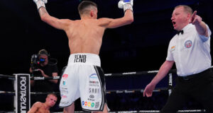 Liam Davies becomes a British Champion in his home town with a unanimous decision victory over Marc Leach who hit the canvas in the second round. Photo Credit: Frank Warren Twitter.