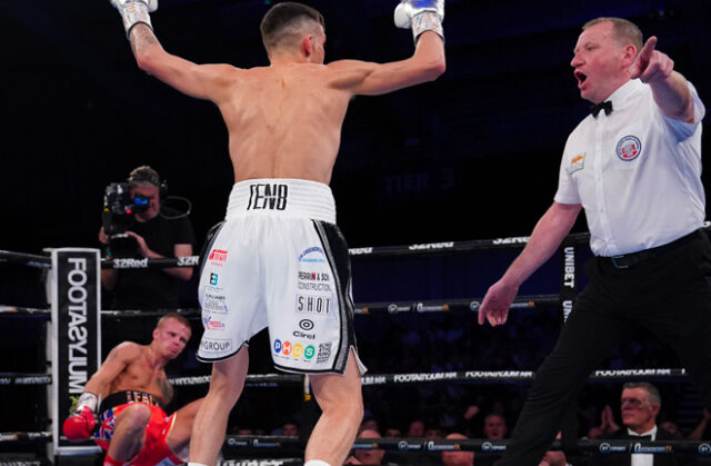 Liam Davies becomes a British Champion in his home town with a unanimous decision victory over Marc Leach who hit the canvas in the second round. Photo Credit: Frank Warren Twitter. Liam Davies becomes a British Champion in his home town with a unanimous decision victory over Marc Leach who hit the canvas in the second round. Photo Credit: Frank Warren Twitter.