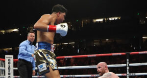 Jaime Munguia dropped Jimmy Kelly three times on route to a fifth round stoppage win in Anaheim Photo Credit: Tom Hogan/Golden Boy
