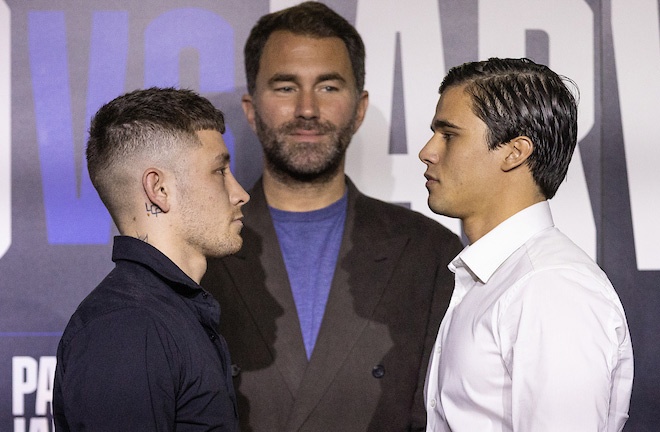 Paro and Jarvis face-to-face alongside promoter Eddie Hearn Photo Credit: Darren Burns/Matchroom Boxing