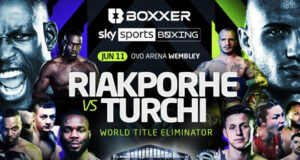 Richard Riakporhe tackles Fabio Turchi in an IBF world cruiserweight title eliminator in Wembley on Saturday Photo Credit: BOXXER