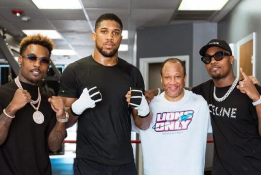 Anthony Joshua alongside Ronnie Shields and the Charlo brother in the USA last year