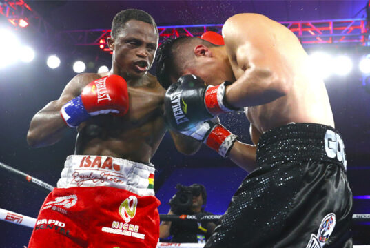 Ghana's Isaac Dogboe defeated two-time title challenger Joet Gonzalez by a 10-round split decision in the featherweight main event Saturday evening at the Grand Casino in Hinckley, Minnesota. Photo Credit: Top Rank Boxing / Mikey Williams.