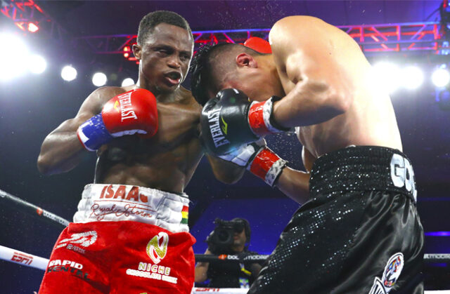 Ghana's Isaac Dogboe defeated two-time title challenger Joet Gonzalez by a 10-round split decision in the featherweight main event Saturday evening at the Grand Casino in Hinckley, Minnesota. Photo Credit: Top Rank Boxing / Mikey Williams.