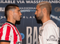 Josh Kelly facing off earlier in the week against his opponent last night Lucas Bastida. Photo Credit: Wasserman Boxing.