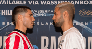 Josh Kelly facing off earlier in the week against his opponent last night Lucas Bastida. Photo Credit: Wasserman Boxing.