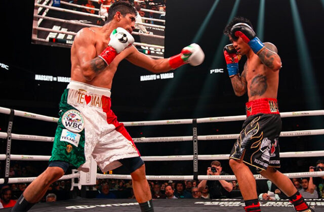 Rey Vargas took a split decision points win, 115-112; 113-114; 115-112 over Mark Magsayo to become the new WBC Featherweight Champion. Photo Credit: Showtime Boxing.