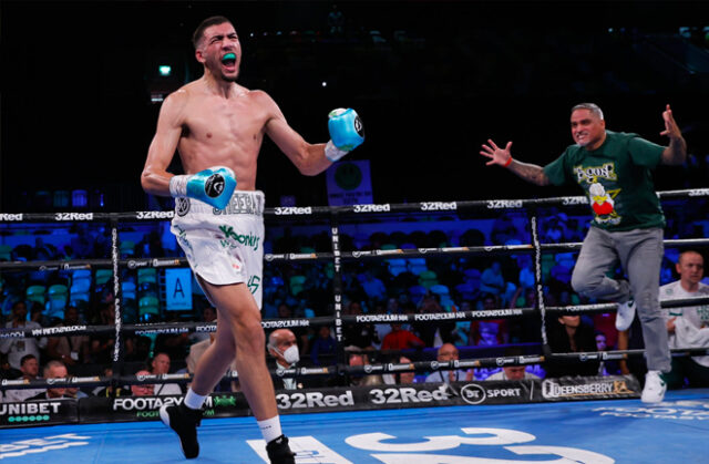 Hamzah Sheeraz took the WBC Silver Middleweight title and suffered a flash knockdown along the way having bought his opponent Francisco Emmanuel Torres to the canvas 3 times before the contest was called off. Photo Credit: Frank Warren (Twitter).