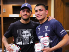 Vergil Ortiz Jr embraced with Michael McKinson after their fight in Texas on Saturday Photo Credit: Golden Boy