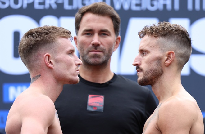 Smith and O'maison came face-to-face at Friday's weigh-in ahead of their British title showdown Photo Credit: Mark Robinson/Matchroom Boxing