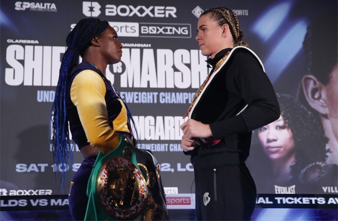 Shields and Marshall came face-to-face at a press conference on Thursday prior to Friday's postponement Photo Credit: Lawrence Lustig/BOXXER