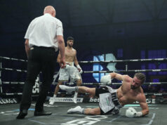 Adam Azim crushes Rylan Charlton inside 2 rounds at Boxxer Breakthrough Super Sunday. Photo Credit: Boxxer/Lawrence Lustig