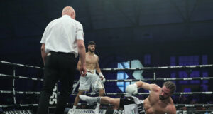 Adam Azim crushes Rylan Charlton inside 2 rounds at Boxxer Breakthrough Super Sunday. Photo Credit: Boxxer/Lawrence Lustig