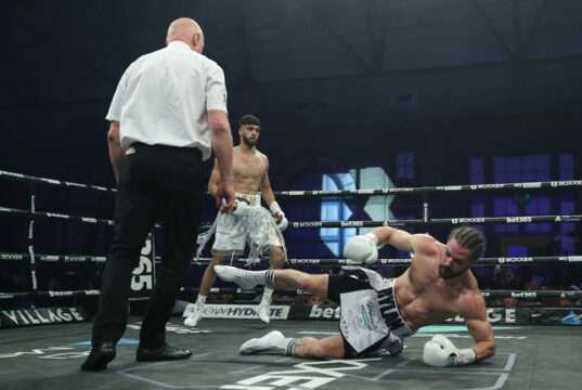 Adam Azim crushes Rylan Charlton inside 2 rounds at Boxxer Breakthrough Super Sunday. Photo Credit: Boxxer/Lawrence Lustig
