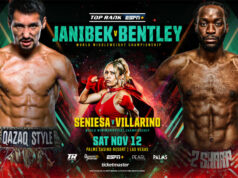 Janibek Alimkhanuly defends his WBO middleweight world title against Denzel Bentley in Las Vegas on Saturday Photo Credit: Top Rank Boxing