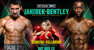 Janibek Alimkhanuly defends his WBO middleweight world title against Denzel Bentley in Las Vegas on Saturday Photo Credit: Top Rank Boxing