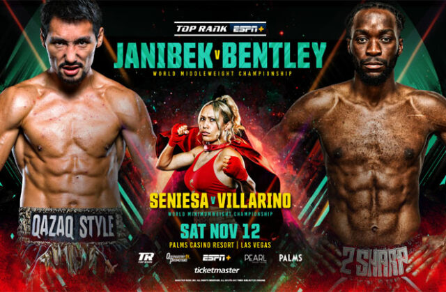Janibek Alimkhanuly defends his WBO middleweight world title against Denzel Bentley in Las Vegas on Saturday Photo Credit: Top Rank Boxing