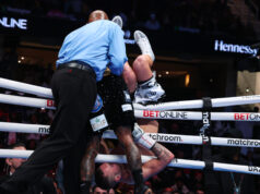 Montana Love was disqualified in the 6th round for pushing his opponent Stevie Spark over the ropes, gifting the Australian a stunning victory. Photo Credit: DAZN Boxing (Twitter)