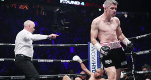 Liam Smith stunned Chris Eubank Jr knocking him down for the first time in his career at the AO Arena in Manchester on Saturday night. Photo Credit: Lawrence Lustig/BOXXER.