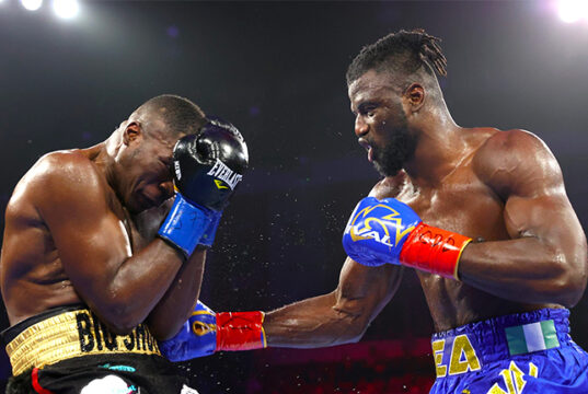 Efe Ajagba outpointed Stephan Shaw in a dull Top Rank Boxing on ESPN main event that left the crowd booing on Saturday night at Turning Stone Resort Casino in Verona, New York. Photo Credit: Top Rank Boxing.