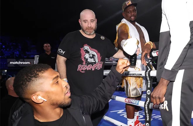 Joshua embraced Whyte after his victory over Franklin in November Photo Credit: Mark Robinson/Matchroom Boxing