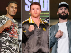 Canelo Alvarez has predicted David Benavidez to beat Caleb Plant on March 25 Photo Credit: Esther Lin/SHOWTIME/Ed Mulholland/Matchroom/Ryan Hafey / Premier Boxing Champions