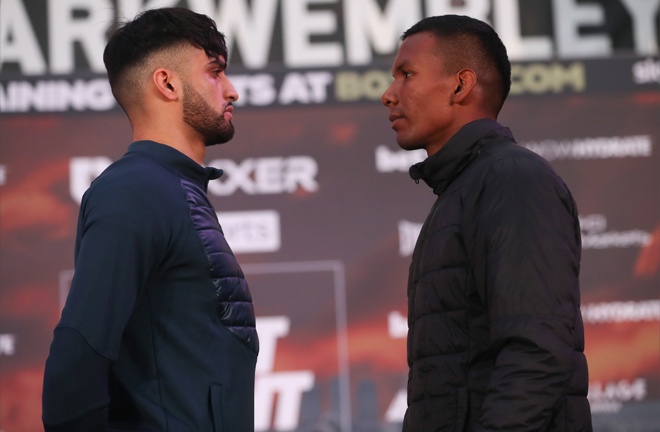 Azim and Reyes came face-to-face at Wednesday's press conference Photo Credit: BOXXER/Lawrence Lustig