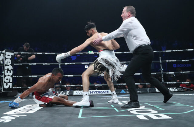 Adam Azim picked up the WBA Super-Lightweight title with an unanimous decision with over Santos Reyes after dropping the Nicaraguan in the second round. Photo Credit: Boxxer / Lawrence Lustig