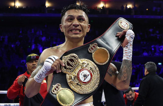 Lara celebrates after securing the WBA strap Photo Credit: Mark Robinson/Matchroom Boxing