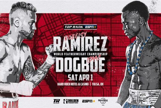 Robeisy Ramirez clashes with Isaac Dogboe for the vacant WBO featherweight world title in Oklahoma on Saturday Photo Credit: Top Rank Boxing