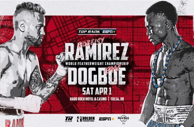 Robeisy Ramirez clashes with Isaac Dogboe for the vacant WBO featherweight world title in Oklahoma on Saturday Photo Credit: Top Rank Boxing