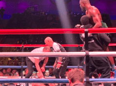 Ohara Davies struck Lewis Ritson in the 9th resulting in the sandman unable to beat the count and give Davies victory. Photo Credit: @LetsGoManage (Twitter).