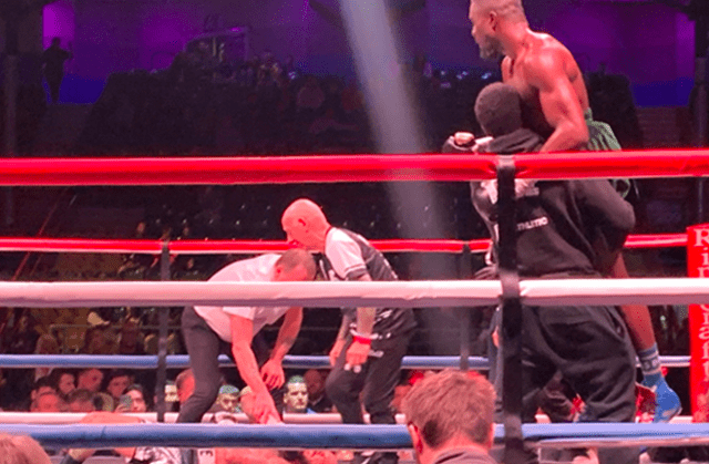 Ohara Davies struck Lewis Ritson in the 9th resulting in the sandman unable to beat the count and give Davies victory. Photo Credit: @LetsGoManage (Twitter).