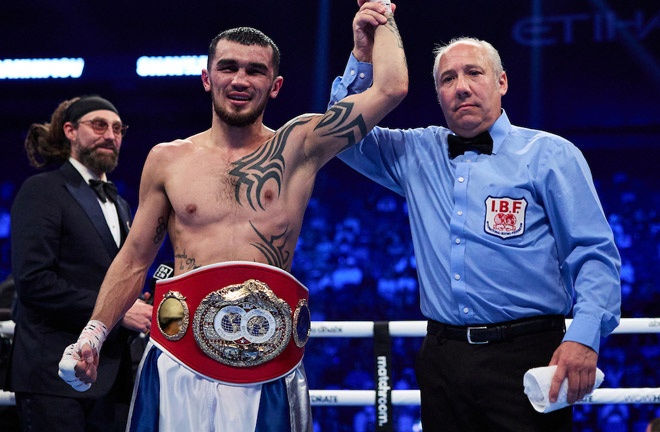 Rakhimov became IBF champion with a stoppage win over Barrett in Abu Dhabi Photo Credit: Mark Robinson/Matchroom Boxing