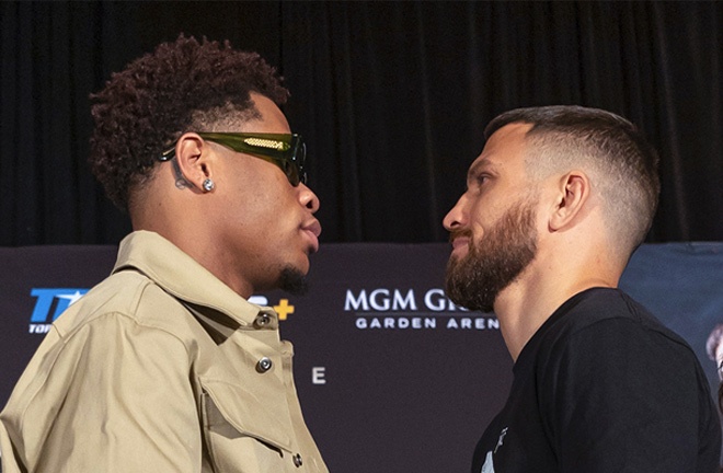 Haney and Lomachenko came face-to-face at their first press conference Photo Credit: Top Rank