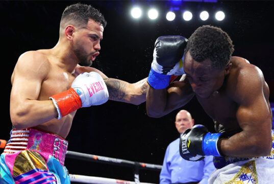 Robeisy “El Tren” Ramirez captured the vacant WBO featherweight world title with a unanimous decision victory over former junior featherweight world champion Isaac “Royal Storm” Dogboe on Saturday evening at the Hard Rock Hotel & Casino Tulsa. Photo Credit: Mikey Williams/Top Rank