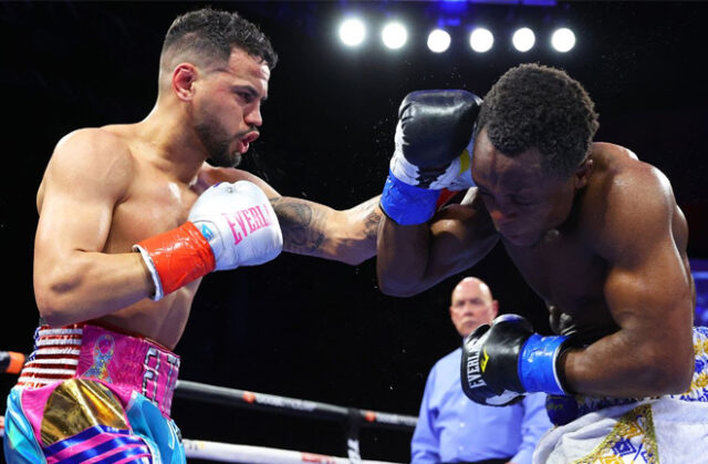 Robeisy “El Tren” Ramirez captured the vacant WBO featherweight world title with a unanimous decision victory over former junior featherweight world champion Isaac “Royal Storm” Dogboe on Saturday evening at the Hard Rock Hotel & Casino Tulsa. Photo Credit: Mikey Williams/Top Rank