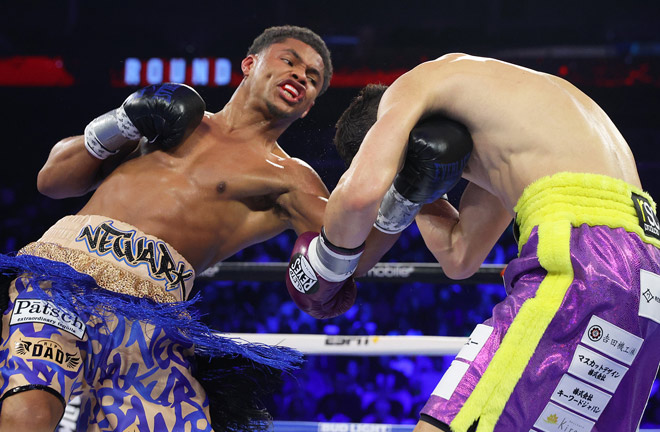 Shakur Stevenson stopped Shuichiro Yoshino in the sixth round in Newark Photo Credit: Mikey Williams/Top Rank