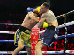 Janibek Alimkhanuly finished Steven Butler inside 2 rounds in California last night to make a successful second defence of his WBO middleweight title. Photo Credit: Top Rank Boxing.