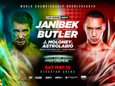 Janibek Alimkhanuly defends his WBO middleweight world title against Steven Butler in Stockton on Saturday Photo Credit: Top Rank Boxing