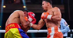 Referee Tony Weeks stops the fight allowing Rolando Romero to claim a TKO victory over Barroso to become the new WBA Super Lightweight champ in controversial fashion in Las Vegas. Photo Credit: Showtime Boxing