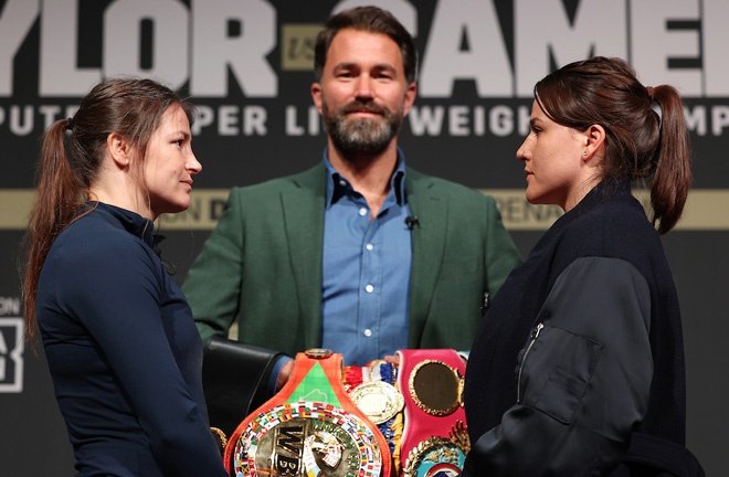 Taylor and Cameron face-to-face at the first press conference Photo Credit: Mark Robinson/Matchroom Boxing