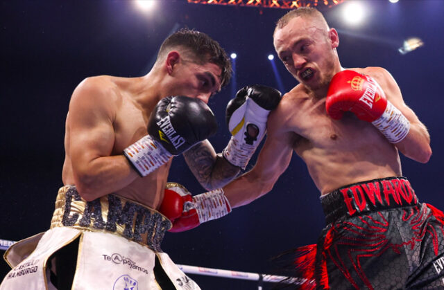 Sunny Edwards successfully defended his IBF title on his matchroom debut against Andres Campos. Photo Credit: Matchroom Boxing (Twtiter).